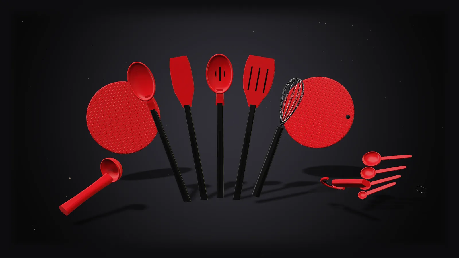 Utensílios de silicone, medidores, descascador, colher de sorvete e descansos de panela